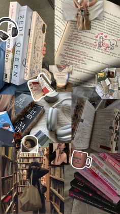 a collage of books, coffee mugs and other items