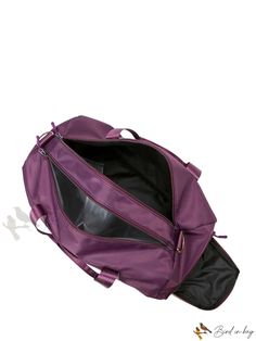 a purple duffel bag sitting on top of a white floor