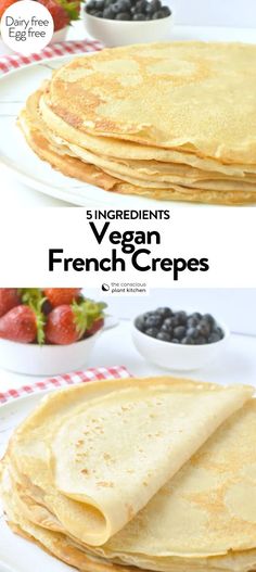 pancakes with berries and blueberries are stacked on top of each other in front of the words, 5 ingredients vegan french creps