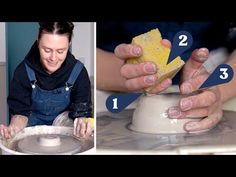 two pictures showing how to make a pottery bowl with hands and feet on the potter's wheel