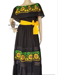 📌PLEASE LET US KNOW IF YOU NEED EXPRESS SHIPPING BEFORE YOU PLACE YOUR ORDER. ❗️DRESS DOES NOT INCLUDE BELT/SASH !! This beautiful and elegant woman's dress features colorful embroidered sunflowers on top and bottom. This dress is made of comfortable cotton. Off-the-shoulders and elastic in waist for your comfort. 👗🧵Made with love in Chiapas, Mexico. I will provide additional photos and measurements upon request. 👗🧵Ix Chel Couture recommends hand washing this beautiful piece and lay flat to Traditional Black Embroidered Beach Dress, Traditional Black Embroidered Dress For Beach, Traditional Black Summer Dress, Fitted Black Cotton Embroidered Dress, Fitted Cotton Embroidered Black Dress, Black Fitted Cotton Embroidered Dress, Black Short Sleeve Dress For Festivals, Black Fitted Embroidered Dress For Festival, Black Embroidered Cotton Dresses