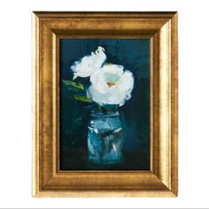 an oil painting of white flowers in a glass vase on a wall with a gold frame