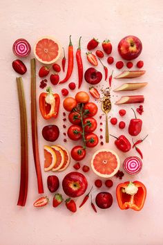 various fruits and vegetables arranged in the shape of a square