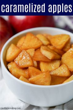 a bowl filled with caramelized apples on top of a table