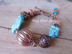 Handcrafted Artisan Copper Turquoise Chunky Bracelet by hogwildjewelry on Etsy Turquoise Cowgirl, Wild Jewelry, Silversmith Jewellery, Beaded Jewelry Bracelets, Beading Inspiration, Chunky Bracelet, Bracelets Design, Bali Fashion, Chunky Bracelets