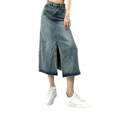 Introducing the 2023 Spring-Summer Collection's vintage urban style denim skirt the perfect fusion of conventional and contemporary!Why You'll Love ItThis long. high-rise skirt is crafted from premium quality denim. patterned to hug your cut without compromising on comfort. With its distinctive distressed pattern. it embodies the spirit of rebellion intertwined with chic sophistication. Seamlessly blending a resilient zipper and stylish button closure. you get both functionality and style.Key Hi Casual Medium Wash Midi Skirt, High Waist Washed Blue Denim Skirt, Relaxed Fit Denim Skirt With Straight Leg, Casual Denim Midi Skirt, Trendy Denim Blue Midi Skirt, Summer Dark Wash Skirt, Vintage Straight Leg Denim Skirt For Summer, Relaxed Fit High Waist Denim Skirt, High Waist Denim Skirt With Relaxed Fit