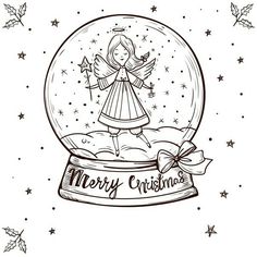 a snow globe with an angel inside and merry christmas lettering on the bottom, surrounded by stars