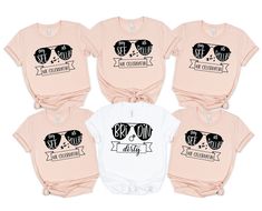 six baby onesuits with the names of each child and their name on them