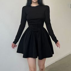 Gothic A-line Mini Dress For Spring, Spring Gothic A-line Mini Dress, Gothic Spring A-line Mini Dress, Black Dress Elegant, Black Long Sleeve Mini Dress, Black Dress With Sleeves, Skirt And Sneakers, Black Halter Dress, Long Black Dress