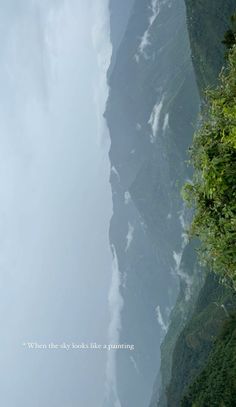 an image of a mountain side with trees and clouds in the sky as seen from below