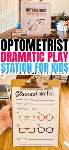 a sign that says optomenistist dramatic play station for kids with glasses on it