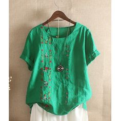 Women Cotton Linen Tshirts Japan Style Harajuku Floral Embroidery Vintage Oversize Loose Short Sleeve Original Design T-shirts green1-M Linen Plus Size, Embroidery Vintage, Floral Pullover, Linen Tshirts, Shirt Blouses Tops, Japan Style, Blouse Tops, Cotton Bottoms, Loose Blouse