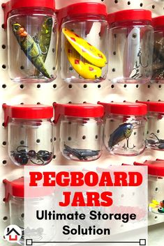 the pegboard jars are filled with different types of fishing lures and other items