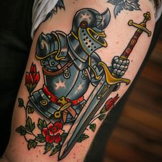 Exclusive Knight Tattoo Files Japanese Knight Tattoo, American Traditional Knight Tattoo, Knight Traditional Tattoo, Shoulder Tattoo Traditional, Traditional Knight Tattoo, Knight Tattoo Design, Wolf Tattoo Traditional, Medieval Tattoo, P Tattoo