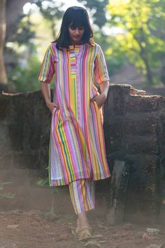 Multicolor straight kurta featuring Portuguese folk stripe print all over. Paired with a coordinating pant and an embroidered red jacket with side tie-up. - Aza Fashions Kurta Set With Jacket, Folk Print, Luxury Sale, Straight Kurta, Kurta With Pants, Kurta Set, Pants Pattern, Modern Bride, Red Jacket