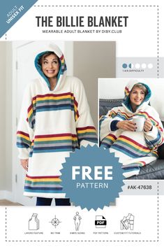 a woman wearing a striped blanket and hoodie with the text, free pattern for this hooded