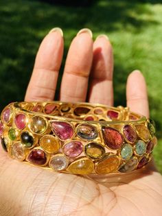 102 carat Tourmaline Cuff Sterling Gold Dipped Multicolor | Etsy Gold Bangles With Stones, Thick Gold Bangles, Layered Gold Jewelry, Vintage Style Wedding Rings, Gemstone Bangle, Rainbow Jewelry, Polki Jewellery, Stone Bangle, Bangles Jewelry Designs