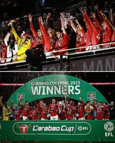 two pictures side by side with people in the stands holding up their hands and wearing red shirts