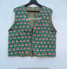 About this item Handmade Ships from a small business in India Materials: Cotton Gift wrapping available Indian Handmade Block Print Jackets, Coats, Boho , Quilted, For Women`s Jacket Made In India Size - All Size WE INCREASE SIZE MEASURE AND UPDATED Small Size - Chest -38 inch Length- 20.5 inch Sleeves -23 inch Medium Size - Chest-40 inch Length- 20.5 inch Sleeves -23 inch Large Size - Chest- 42 Inch Length- 21 inch Shoulder -15.5 inch Sleeves -23 inch XL Size - Chest -44 inch Length - 21 Inch S Green Cotton V-neck Outerwear, Green Sleeveless Fitted Nehru Jacket, Green Sleeveless Cotton Outerwear, Green Cotton Vest For Spring, Sleeveless Cotton Nehru Jacket For Spring, Vintage Green Cotton Vest, Sleeveless Jackets For Women, Quilted Waistcoat, Vest Jackets