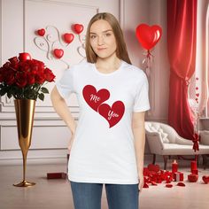 This classic Hearts Valentine Day unisex jersey short sleeve tee fits like a well-loved favorite. Soft cotton and quality print make users fall in love with it over and over again. These t-shirts have-ribbed knit collars to bolster shaping. The shoulders are tapered for a better fit over time. Dual side seams hold the garment's shape for longer.  .: Made with 100% Airlume combed and ring-spun cotton, a lightweight fabric (4.2 oz) that is easy to layer, breathable. Perfect for active and leisure wear.  .: The retail fit that is perfect for casual and semi-formal settings. The crew neckline adds a classic, neat style that's perfect for accessorizing. .: Bella+Canvas manufactures all its products in the US and internationally in humane, no-sweat-shop, sustainable way and is part of the Fair L Valentine's Day Graphic Print Short Sleeve T-shirt, Red Short Sleeve T-shirt For Gift, Valentine's Day Graphic Cotton T-shirt, Valentine's Day Letter Print Crew Neck Shirt, Mother's Day Short Sleeve T-shirt With Heart Print, Short Sleeve Shirt With Heart Graphic For Mother's Day, White Shirt With Heart Graphic As Gift, Red Short Sleeve Shirt For Gift, Red Short Sleeve Shirt As Gift