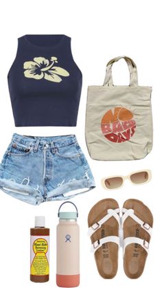 a woman's clothing and accessories including shoes, sunglasses, tote bag