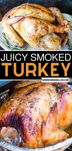 juicy smoked turkey on a platter with text overlay