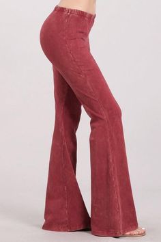 Best Seller These hugging red wine bell bottoms pants will add a little swing to your step this season! The soft lightweight material has the perfect amount of stretch and the well hidden elastic waist adjusts to make up for a few gained or lost inches. You'll love the comfort and look of a fitted hip and thigh that's perfectly balanced with the flared cut. You can keep things casually cool with a tucked-in graphic tee, heeled boots and a wide-brim hat, or go for a more polished twist with a pri Cheap Burgundy Bottoms For Summer, Red Cotton Flare Jeans, Red Wide Leg Flare Jeans For Fall, Red Stretch Wide-leg Flare Jeans, Red Bell Bottoms, Lightweight Pants, Vibe Clothes, Bell Bottom Pants, Wide Brimmed Hats