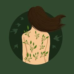 the back of a woman's head with leaves and birds flying around her, on a green background