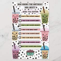 a birthday party game for girls with drinks and ice creams on the table next to it