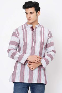 MEN'S WHITE COTTON HANDLOOM RED STRIPES SHORT KURTA Handloom Fabric, Red Panels, Indian Men, Indian Man, Loose Shirt, Loose Shirts