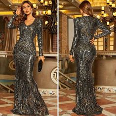 Brand New. Glamorous Metallic Evening Gown, Silver V-neck Sequin Dress For Wedding, Metallic Sequined Evening Dress For Gala, Metallic Sequin Dress For Gala, Metallic Fitted Gown For Party, Silver Embellished Party Gown, Fitted Metallic Gown For Party, Embellished Silver Gown For Party, Silver Embellished Gown For Party