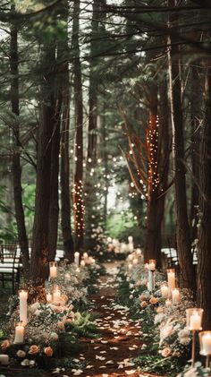 an outdoor wedding aisle with candles and flowers on the ground, surrounded by tall trees