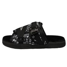 Textured Footbed Slip-on Slides For Streetwear, Black Slide Sandals With Buckle Closure, Casual Slip-on Slippers With Buckle Closure, Comfortable Black Slides With Buckle Closure, Streetwear Open Toe Slides With Textured Footbed, Synthetic Slide Slippers With Buckle Closure, Rubber Sole Slide Sport Sandals, Comfortable Slides With Buckle Closure And Round Toe, Casual Synthetic Slippers With Buckle Closure