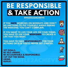 a blue poster with the words be responsible and take action