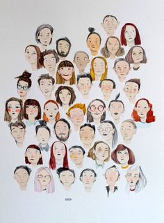 a large group of people's faces drawn in pencil and watercolor on paper