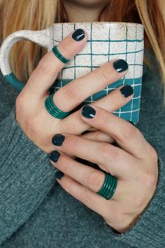 emerald green stacking rings with cozy sweater and handmade ceramic mug Pottery Decoration, Verdant Green, Handmade Mug, Fall Holidays, Holiday Style, Cozy Sweater, Chunky Sweater