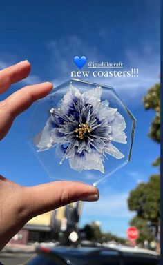 a hand holding a clear plastic flower in front of a blue sky