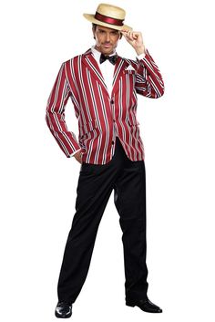 a man in a red and white striped suit is posing for the camera with his hat on