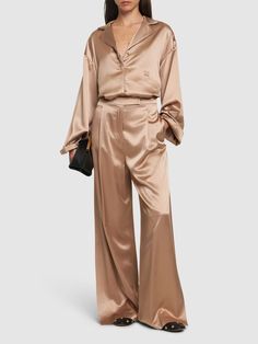 Concealed front hook and zip closure. Side slits. Two side pockets. Model is wearing a size38 Wide Pants, Flat Espadrilles, Jeans Jumpsuit, Swim Accessories, Shearling Jacket, Ski Wear, Max Mara, Swimwear Tops, Silk Satin