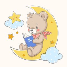 a teddy bear sitting on the moon reading a book