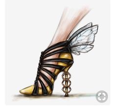 a drawing of a woman's shoe with butterfly wings on the toes and heels