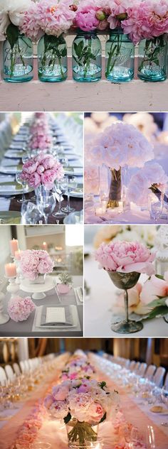 pink flowers are in vases and on the table, along with other items for decoration