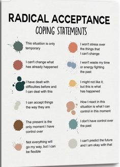 A therapist can help you tune into radical acceptance to confront traumatic events or manage everyday stressors. But you can also implement radical acceptance on your own by following these coping statements #pgclinical #radicalacceptance Coping Statements, Radical Acceptance, Healing Journaling, Therapist Office, Mental Health Facts, Mental Health Therapy, Writing Therapy, Counseling Resources, Emotional Awareness