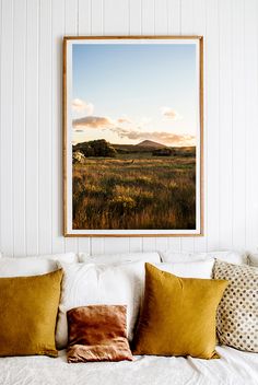 a living room scene with focus on the couch and framed art hanging above the sofa