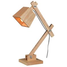 a wooden desk lamp with a light on it