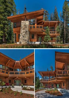 two pictures of a large wooden house in the woods with trees and rocks on each side