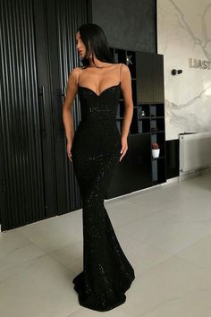 Sexy Black Spaghetti Straps Mermaid Prom Dress Sequins Chiffon Long Black Mermaid Prom Dress, Black Mermaid, Sequin Prom Dress, Prom Dresses Sleeveless, Black Prom Dress, Sequin Prom Dresses, Backless Prom Dresses, Black Prom, فستان سهرة