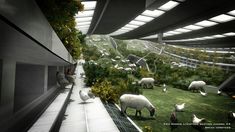 an artist's rendering of a futuristic city with sheep grazing in the foreground