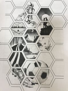 a black and white photo with many different things on it, including soccer balls in hexagons