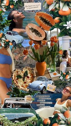 a collage with oranges, flowers, and pictures of women in bikinis